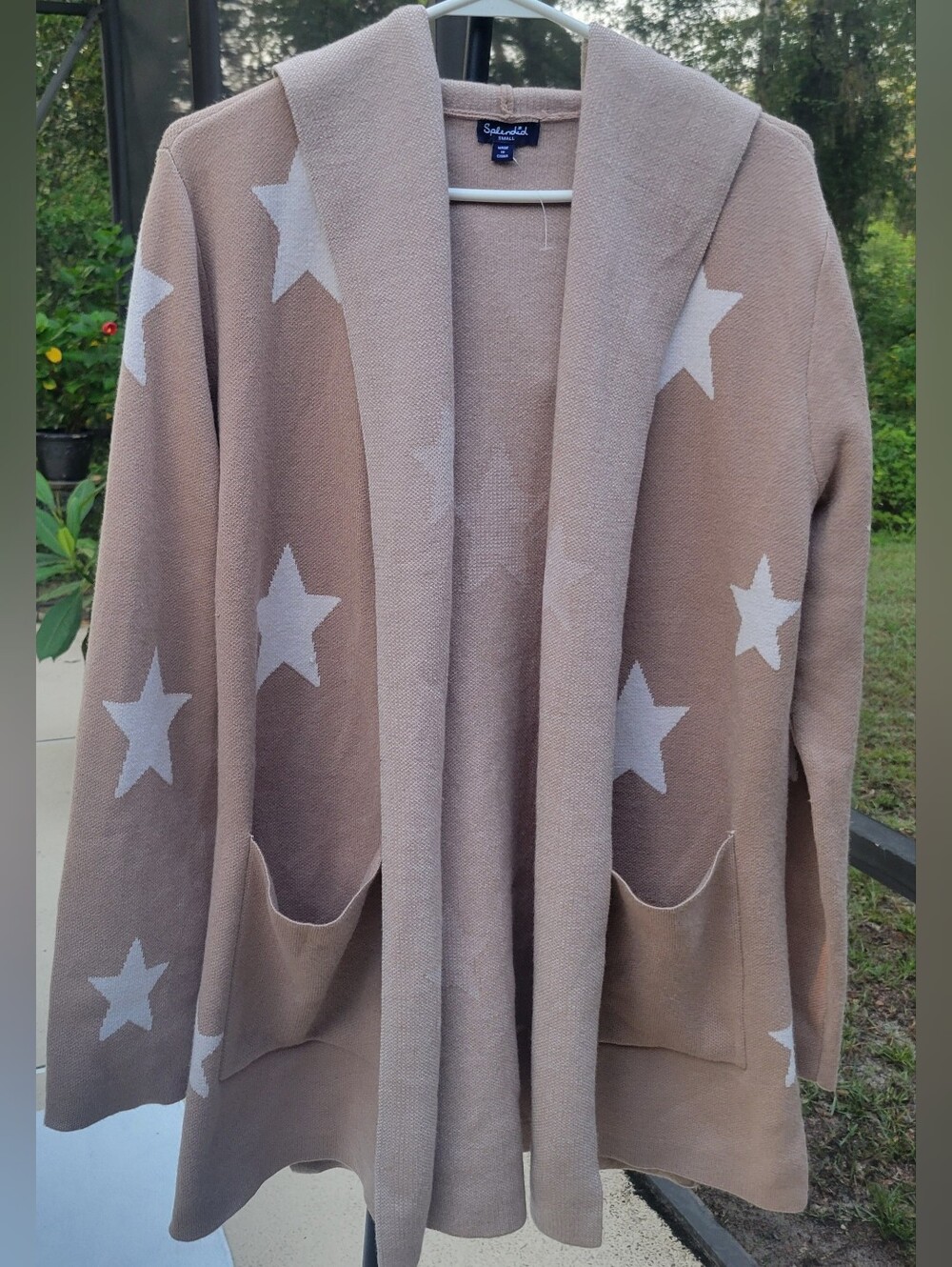 Splendid Star Print Open Front Cardigan Sweater Small Beige Shawl Collar Pockets